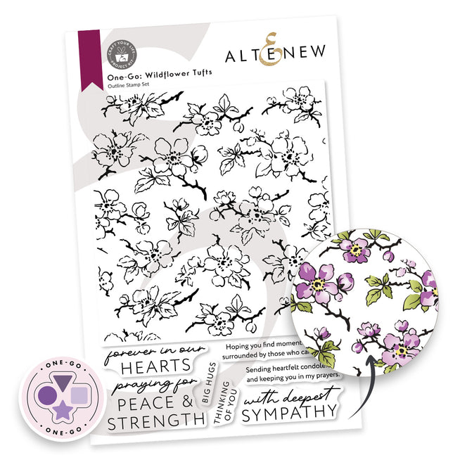 Altenew Craft Your Life Project Kit with Wildflower Tufts stamp set, featuring floral stamps on a 6x8 inch sheet for crafting projects.