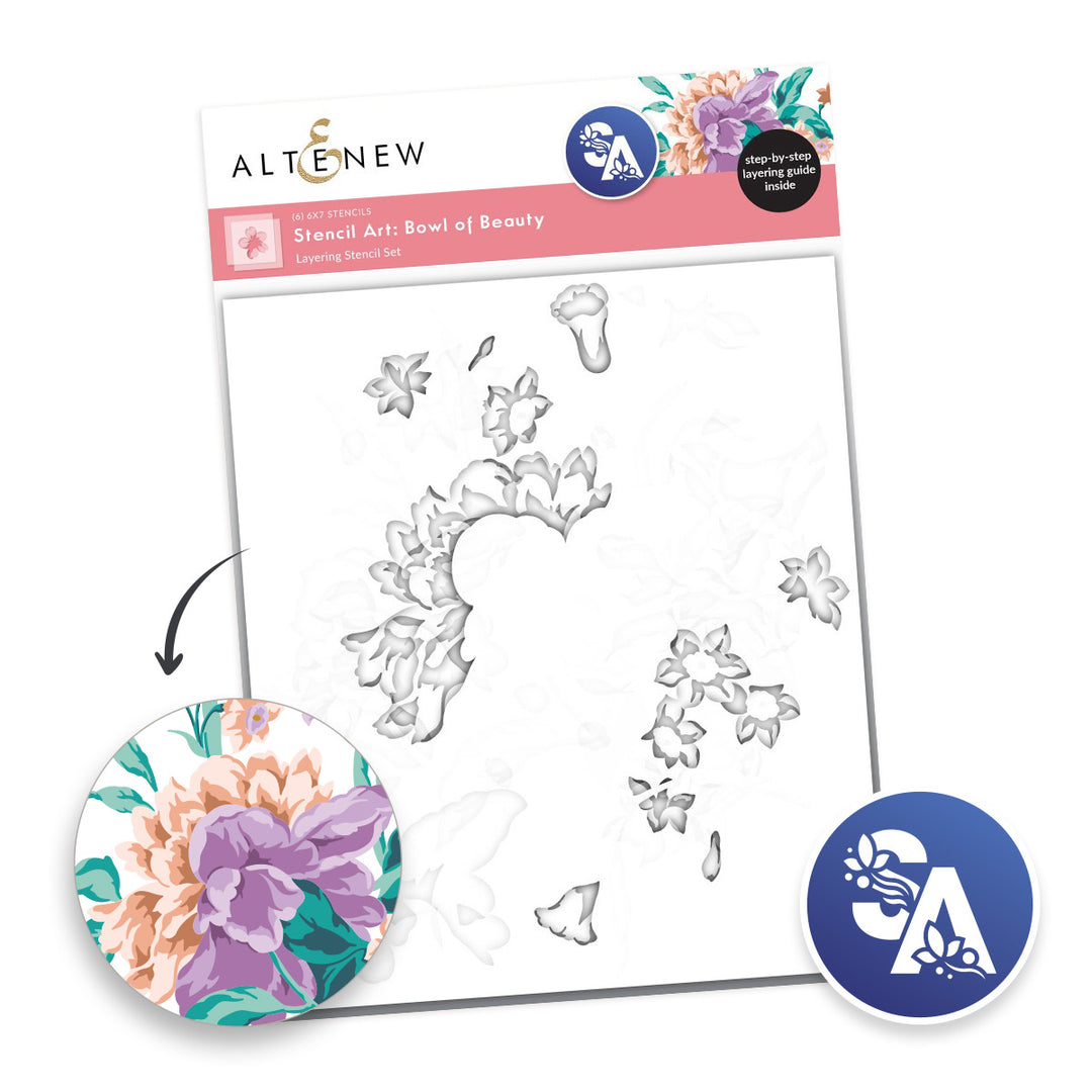 Altenew Stencil Art Bowl of Beauty layering stencil set featuring six versatile stencils for creative craft projects.