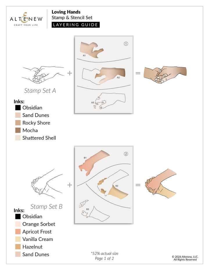 Altenew Loving Hands stamp, die, and stencil bundle with coloring stencil set, layering guide, and detailed design elements.