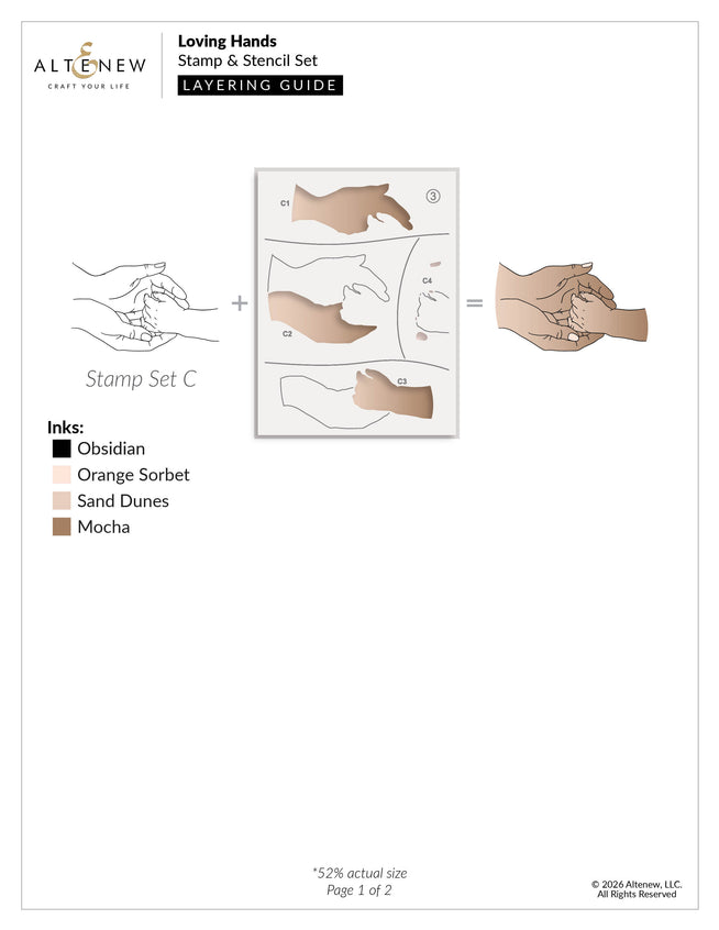 Altenew Loving Hands stamp, die, and stencil bundle with coloring and layering guide for detailed crafting projects.
