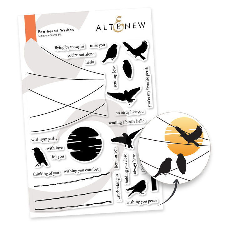 Altenew Feathered Wishes stamp set in a 6x8 inch release bundle for November 2026, featuring bird and feather designs on a white background.