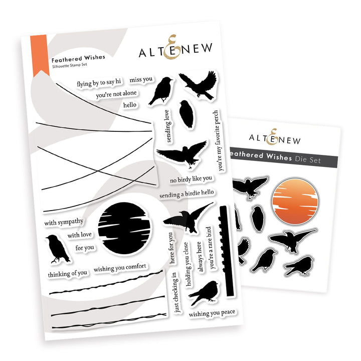 Altenew Feathered Wishes stamp and die bundle featuring intricate feather and floral designs for card making and crafting.