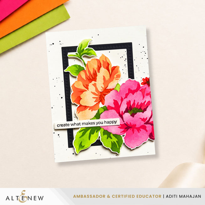 Build-A-Garden set by Altenew featuring framed botanical illustrations with vibrant floral designs in a 1x1 format.