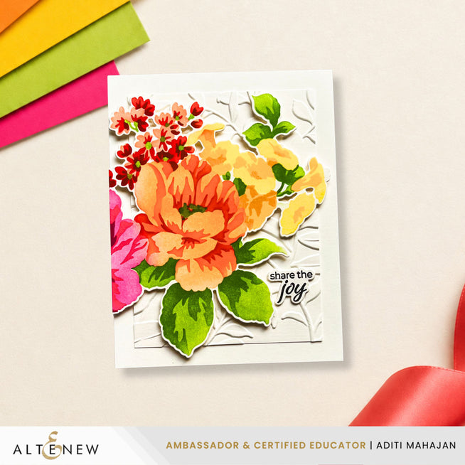 Build-A-Garden: Joy in Bloom set by Altenew featuring expressive floral stamps and crafting tools, displayed on a white background.