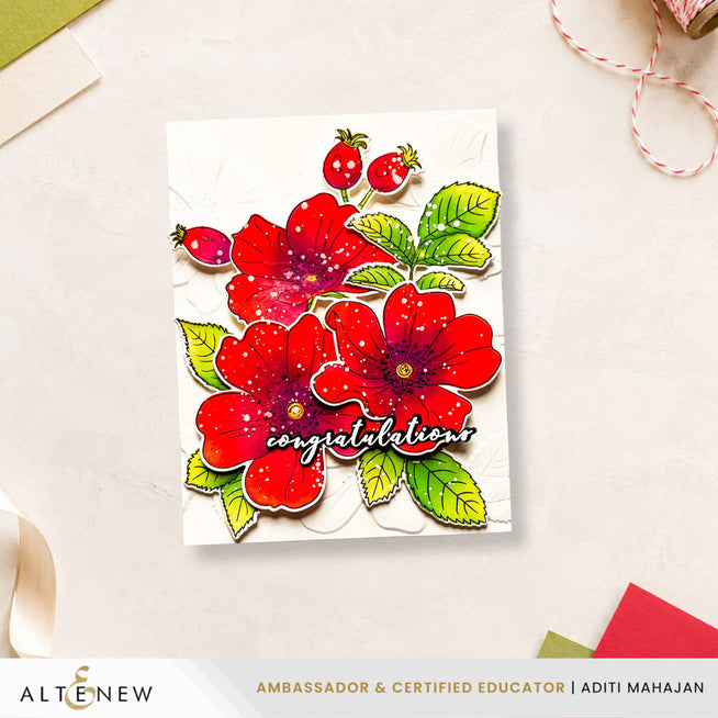 Altenew One-Go Briar Blossoms stamp, die, stencil, and embossing folder with floral design on white background