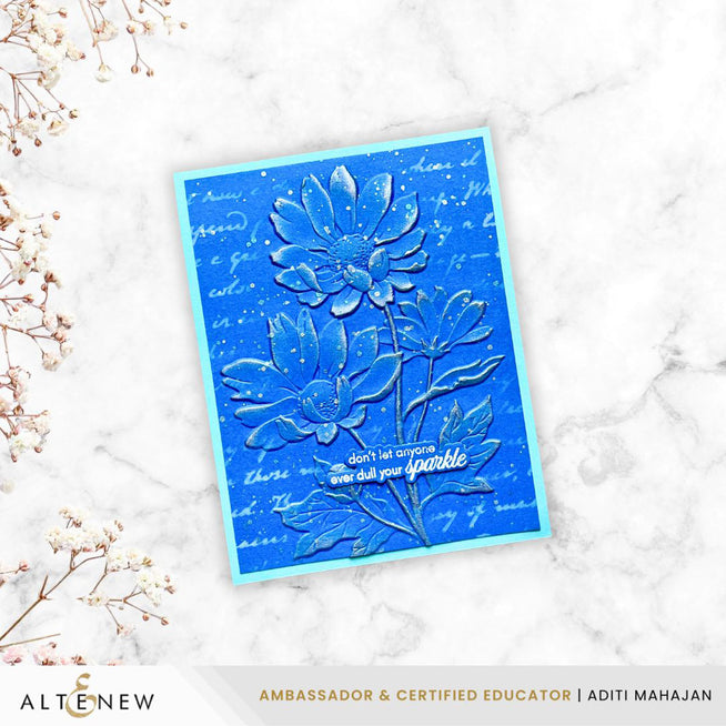 Altenew Paper Echoes stencil featuring intricate Aditi-1x1 Oxeye Daisy design in silver pigment ink.
