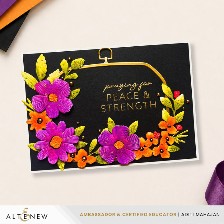 Altenew Zero-Waste Embroidered Florals die set used to create detailed floral card designs, shown with cut and assembled floral elements.