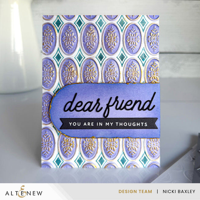Altenew Heirloom Filigree stencil and embossing folder featuring warm, cozy nesting arches with intricate filigree details.
