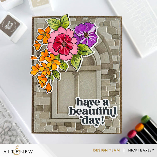 Altenew One-Go Friendship Flowers stamp, die, and stencil bundle featuring floral designs with a castle window motif.