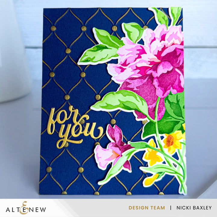 Altenew Bowl of Beauty layering stencil set creating a tufted elegance floral design by Nicki Baxley