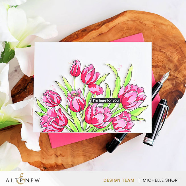 Altenew Marvelous Monthly Series Bundle November 2026 with soft tulips, bubblegum dreams, green valley, whispering woodland, and shimmering accents.
