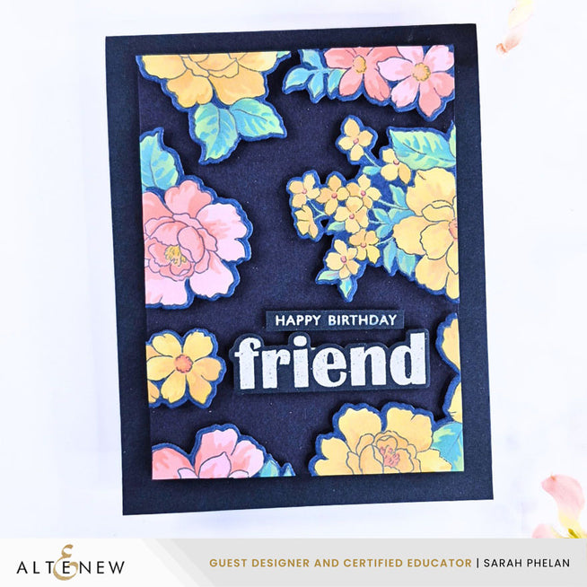 Altenew Friendship Flowers stamp, die, and stencil bundle featuring vibrant floral designs and intricate crafting details.