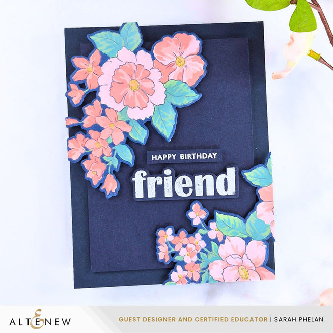 Altenew Friendship Flowers stamp, die, and stencil bundle featuring colorful floral designs for crafting projects.