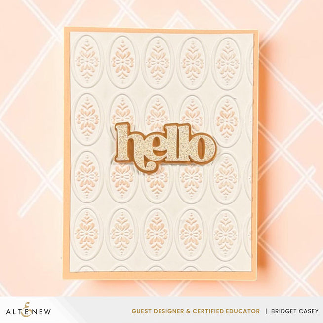 Altenew Heirloom Filigree 3D embossing folder with stencil set, featuring intricate floral designs on parchment pink cardstock.