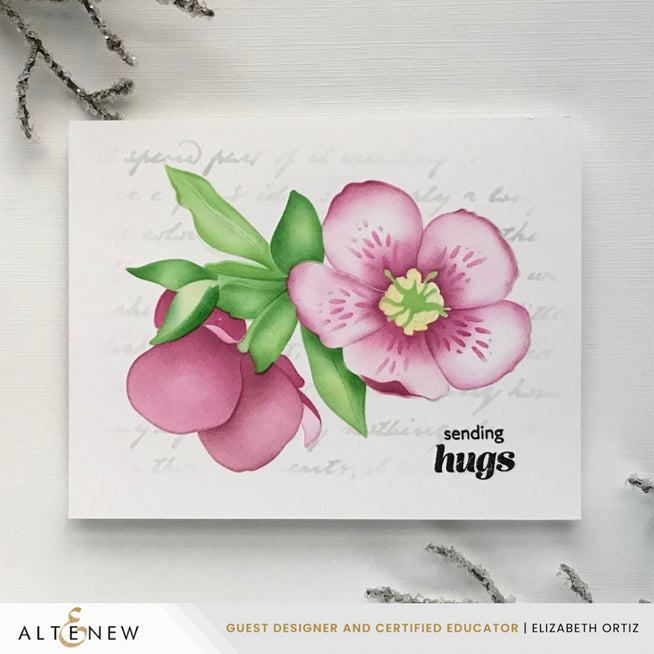Altenew Paper Echoes Stencil in Bubble Gum Dreams with Obsidian Pigment Ink and Green Valley background, featuring intricate design.