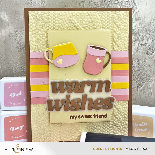 Altenew layering die set featuring mug shapes and cozy sentiment designs for crafting, with detailed die cuts for scrapbooking projects.