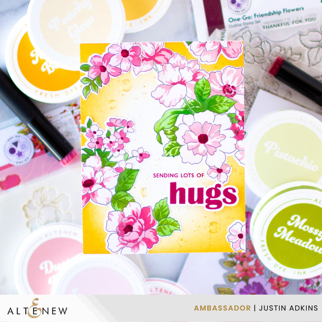 Altenew Friendship Flowers stamp, die, and stencil bundle with crystal clear enamel dots and floral design on a white background.