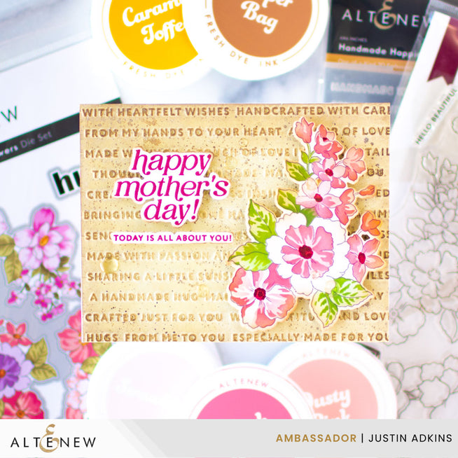 Altenew Handmade Happiness 3D Embossing Folder with floral design, shown with crystal clear enamel dots on a craft project.