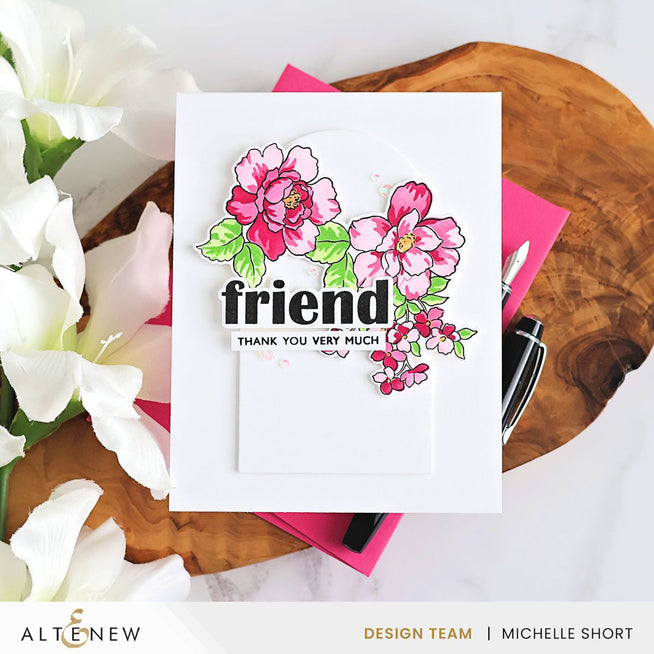 Altenew One-Go Friendship Flowers stamp, die, and stencil bundle with cherry blossom and green valley design on clear iridescent background.