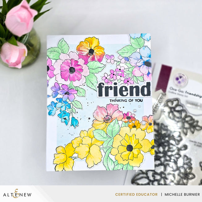 Altenew One-Go Friendship Flowers stamp, die, and stencil bundle featuring colorful floral designs for card making.