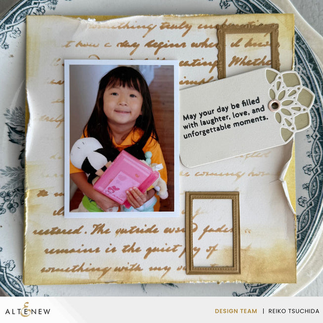 Altenew Paper Echoes stencil with ornate tag design, used for paper crafting and craft projects.
