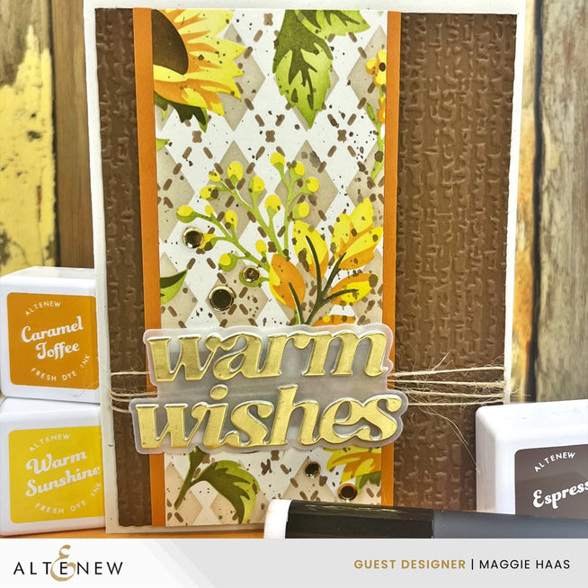 Altenew Warm & Cozy Sentiments die set with botanical argyle design, showing metal dies for crafting and card making.
