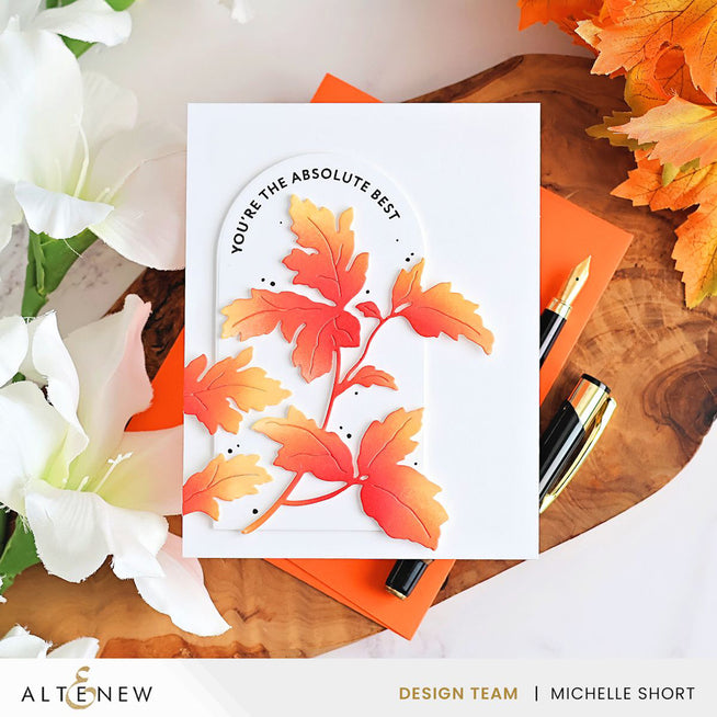 Altenew Twin Leaves Sprays die set with arched sentiment and nesting arches, featuring red cosmos and sun-kissed floral designs.