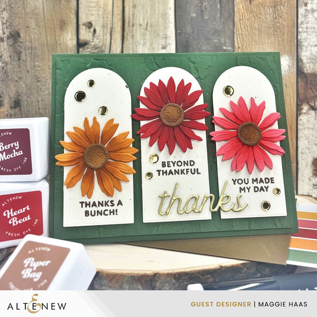 Altenew Warm & Cozy Sentiments die set with arched and weathered bark design, perfect for crafting heartfelt greeting cards.