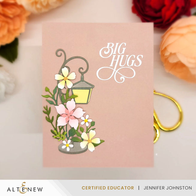 Altenew Wildflower Meadow Die set with willow branches and creative labels on sandy blush cardstock.