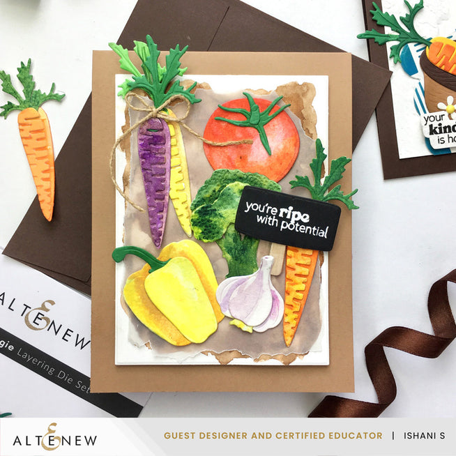 Altenew Very Veggie Layering Die Set with coordinating Rooting for You stamp set and 24 watercolor pans in a vibrant art collection.