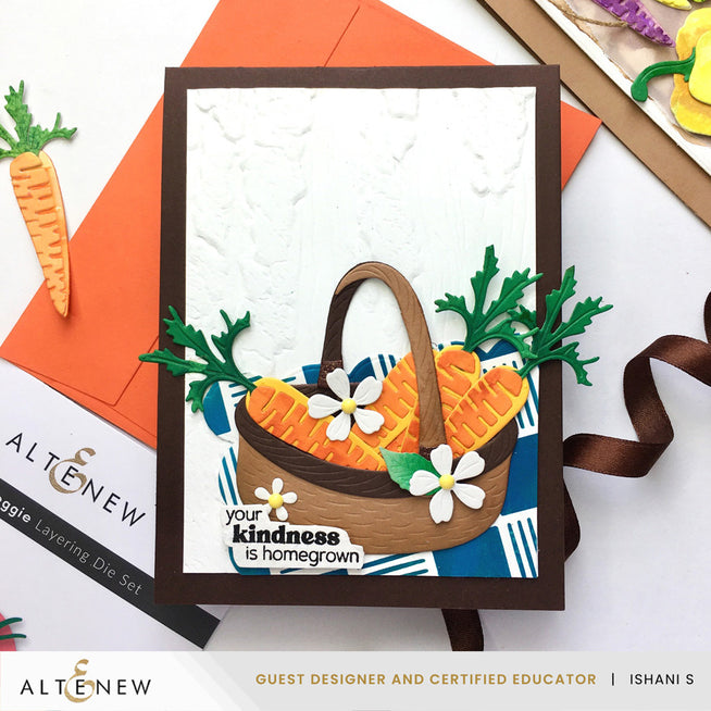 Altenew Very Veggie Layering Die Set with matching stamping, embossing folder, woven basket dies, and checkered stencil for crafting.