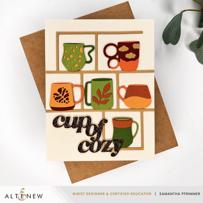 Altenew Warm & Cozy Sentiments die set with die cuts for mug-themed crafting projects, designed by Sam Pfrimmer.