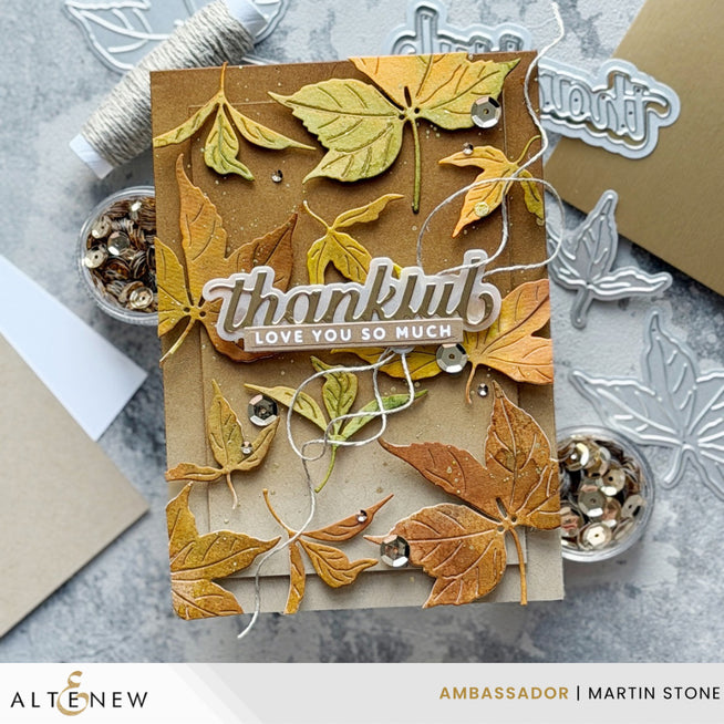 Altenew Creative Cuts Fall Pickings layering die set with autumn-themed leaf and thankful sentiment dies on a white background.
