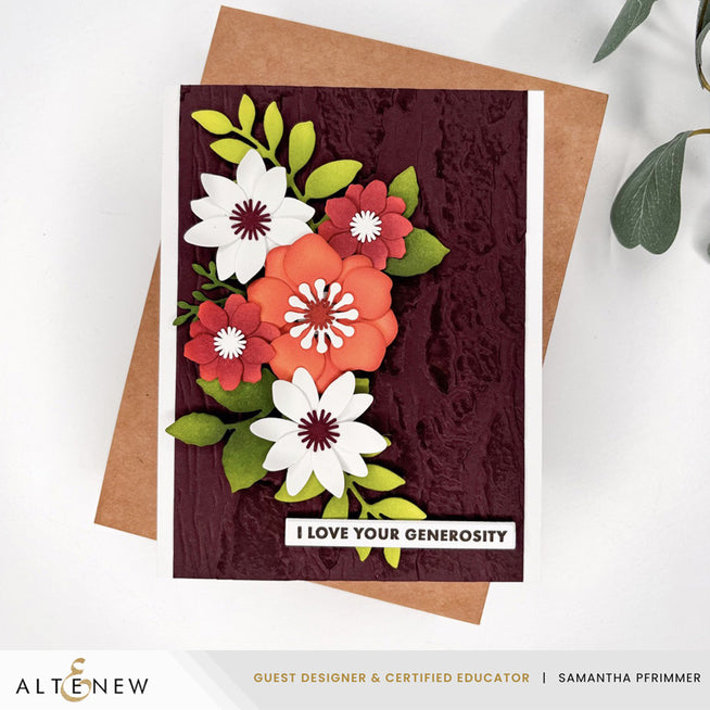 Altenew Weathered Bark 3D embossing folder with textured bark design, shown with chocolate and floral-inspired patterns.