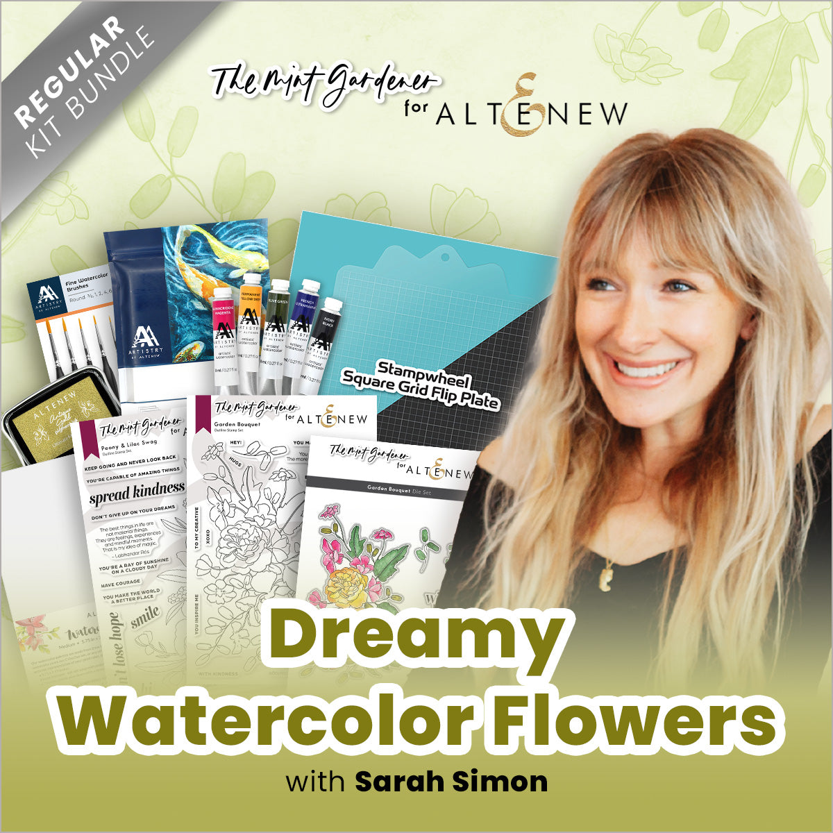 Altenew Dreamy Watercolor Flowers craft workshop kit featuring watercolor flower images and art supplies by Sarah Simon.