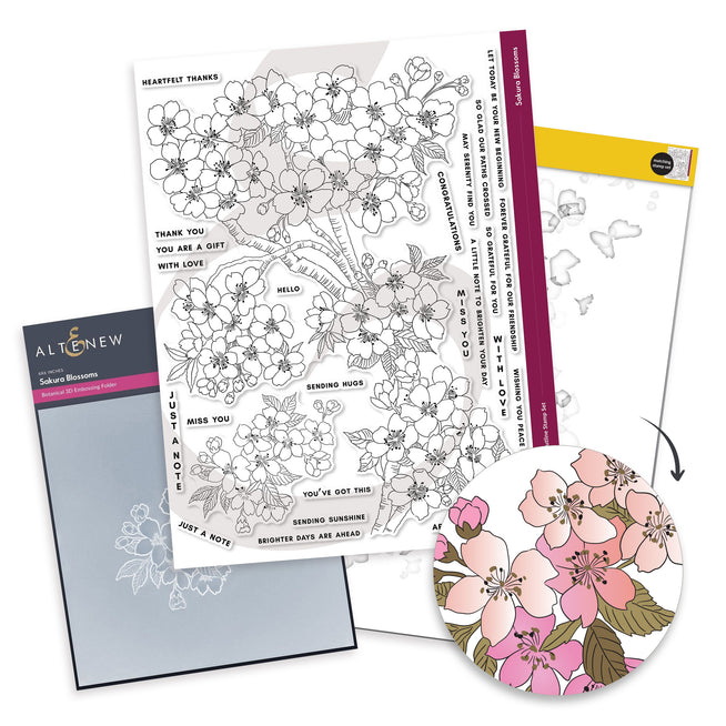 Altenew Sakura Blossoms stamp, stencil, and embossing folder bundle with cherry blossom designs on a white background.