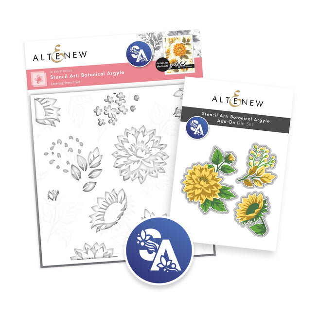 Altenew stencil and die bundle featuring botanical argyle design for crafting and card-making projects.