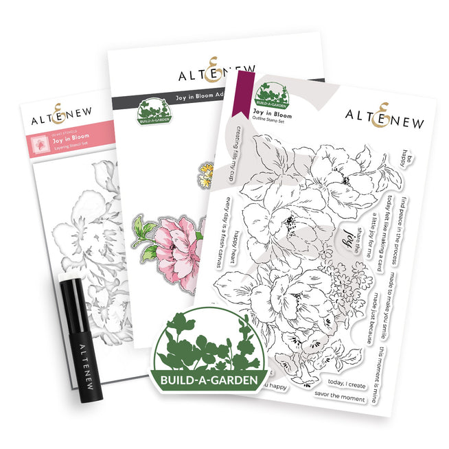 Build-A-Garden: Joy in Bloom and add-on die bundle by Altenew, featuring floral designs and crafting tools for garden-themed projects.