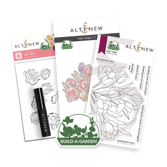 Build-A-Garden: Soft Tulips set by Altenew featuring colorful fabric tulip flowers for creative craft projects.