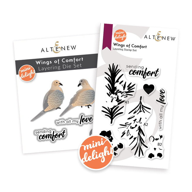 Mini Delight Wings of Comfort stamp and layering die set by Altenew, featuring intricate floral and wing designs for crafting.