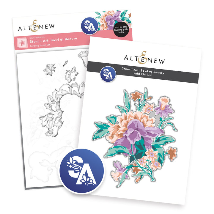 Altenew stencil art bundle featuring a bowl of beauty design and matching add-on die set for creative crafting projects.