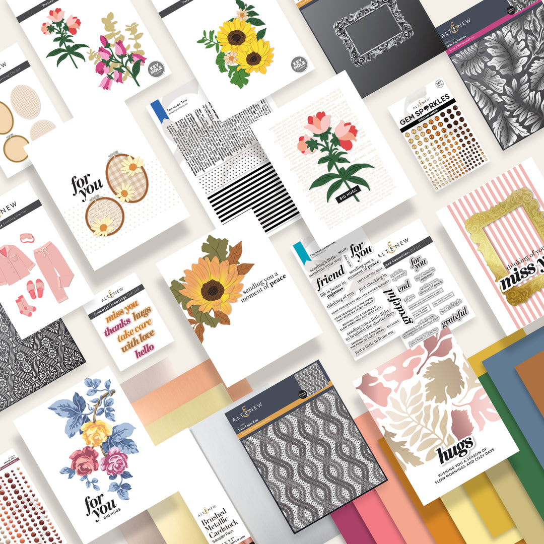 Altenew Cozy Comfort Retreat 2026 workshop label with soft pastel colors and elegant design on a product tag.