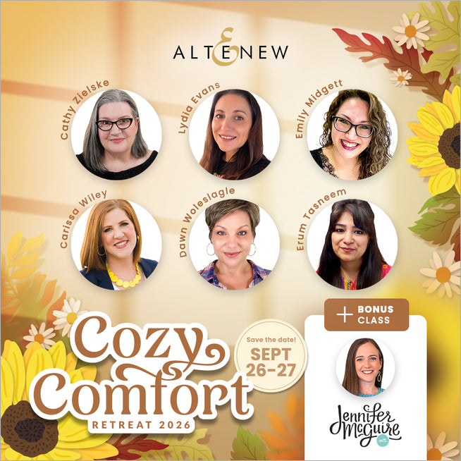 Altenew Cozy Comfort Retreat 2026 workshop web label featuring a cozy, inviting design with soft pastel colors and retreat branding.