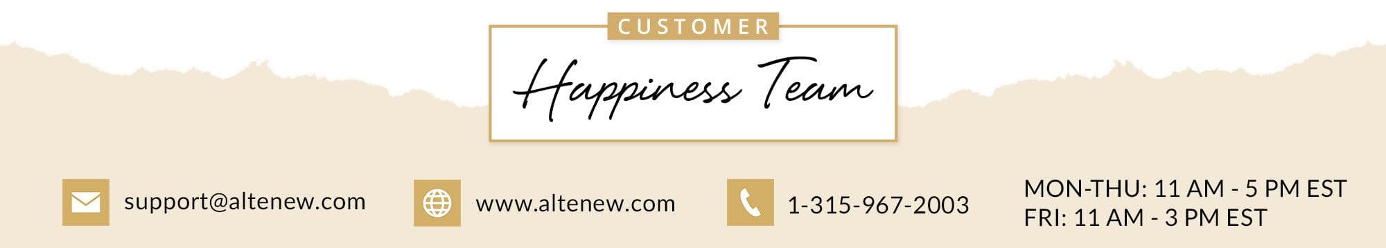 Customer Happiness Team. support@altenew.com, www.altenew.com, 1-315-967-2003. Monday to Thursday 11 AM to 5 PM EST, Friday 11 AM to 3 PM EST.