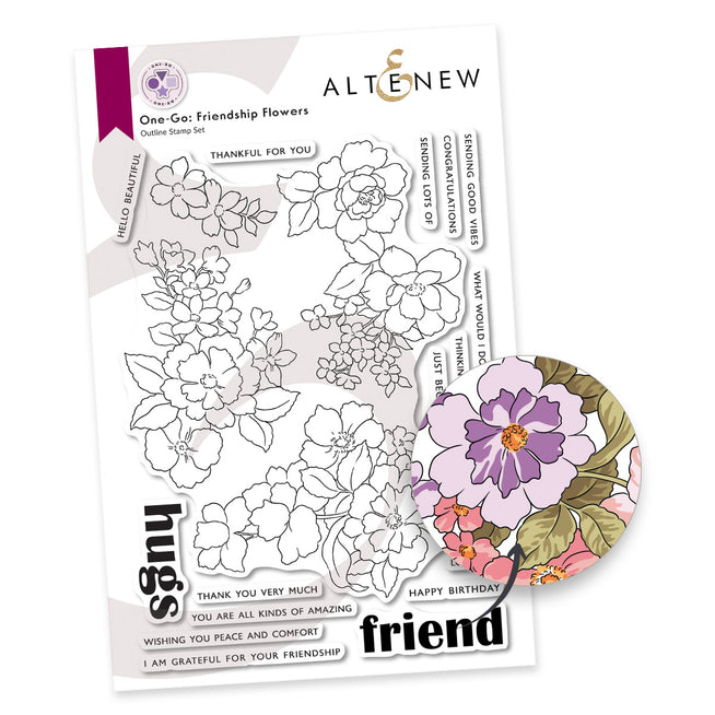 Altenew One-Go Friendship Flowers stamp, die, and stencil bundle with floral designs on a 6x8 inch sheet.