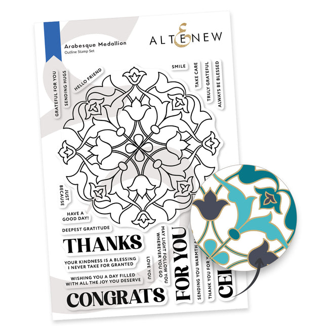 Altenew Arabesque Medallion stencil, die, and embossing folder bundle with intricate medallion patterns for crafting projects.