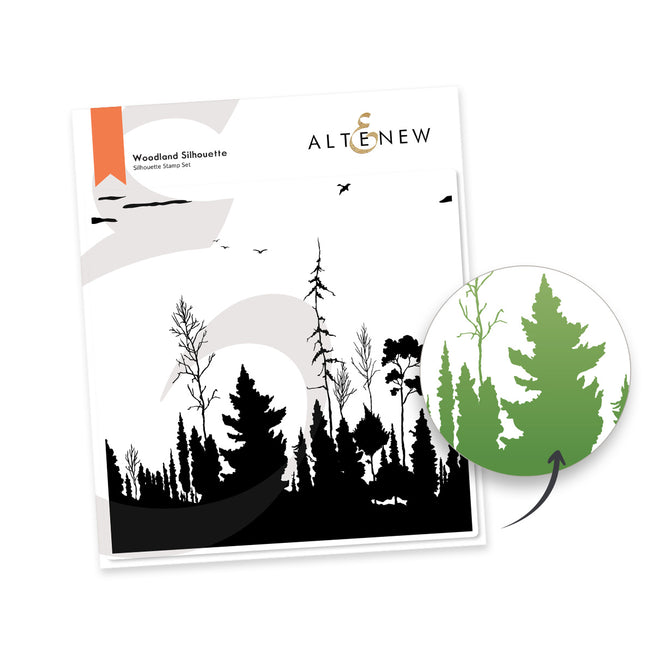 Altenew Woodland Silhouette Stamp Set with clear 6x6 inch stamps featuring forest and tree silhouette designs.