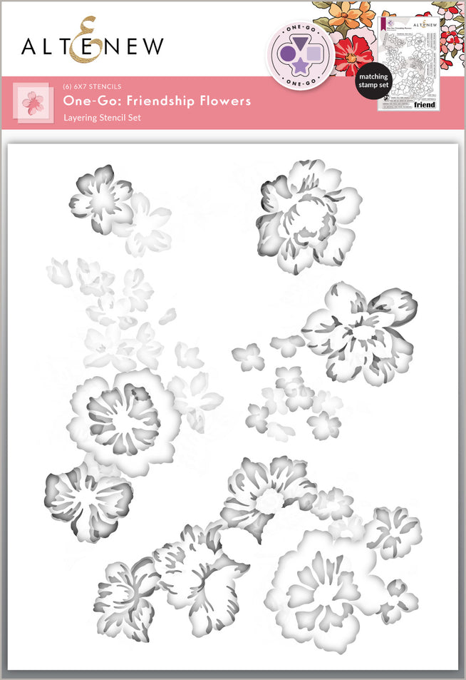 Altenew One-Go Friendship Flowers stamp, die, and stencil bundle with colorful layered floral designs on a crafting background.