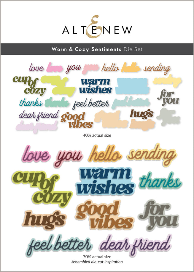 Altenew Warm & Cozy Sentiments die set featuring intricate metal dies for creating heartfelt designs and greeting card embellishments.