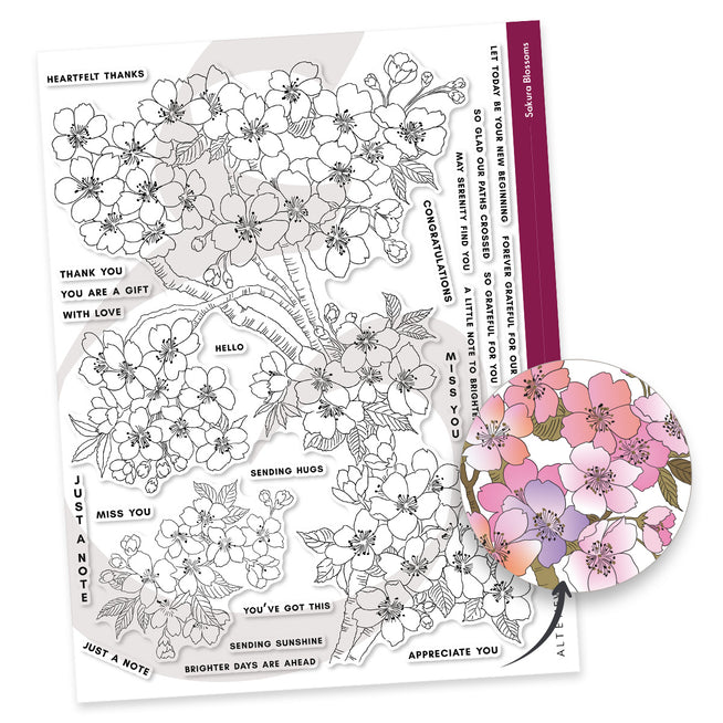 Altenew Sakura Blossoms stamp, stencil, and embossing folder bundle featuring detailed cherry blossom designs for creative crafting.
